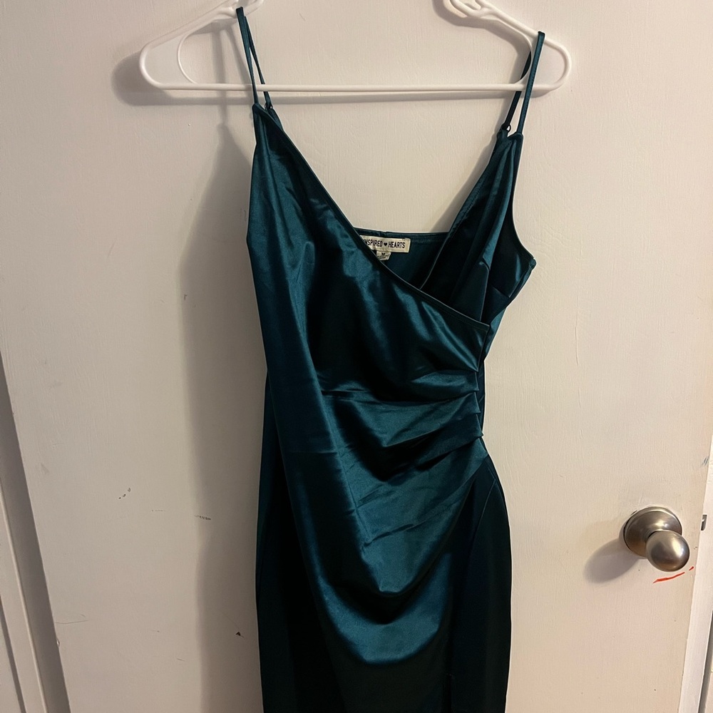 Inspired Hearts Teal Satin Midi Dress